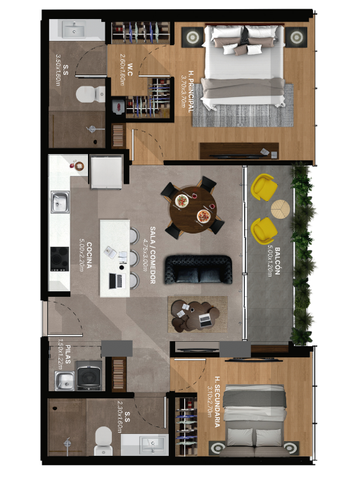 83m2 - 2 habitaciones, 2 baños, 2 parqueos + Bodega
