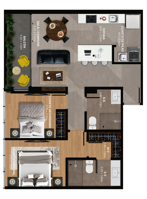 81m2 - 2 habitaciones, 2 baños, 2 parqueos