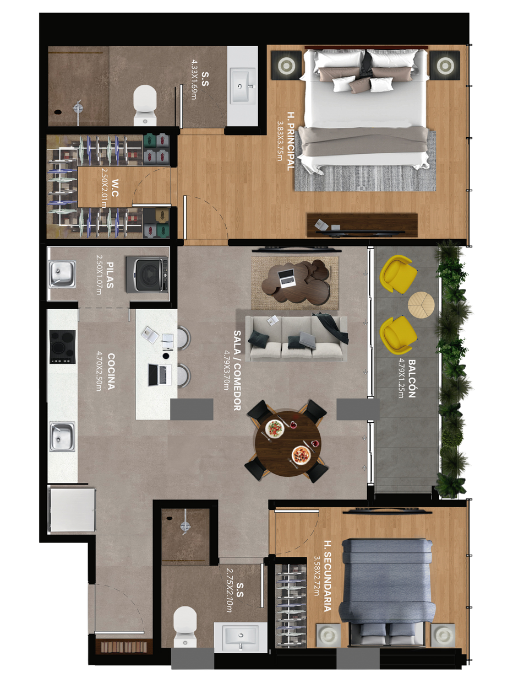 91m2 - 2 habitaciones, 2 baños, 2 parqueos + Bodega